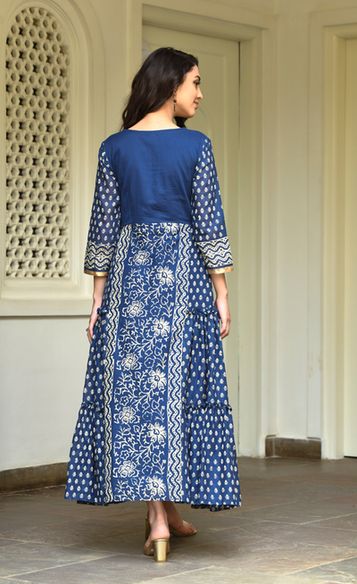Navy Blue Hand Block Printed Gown (1Pc) By SARAS THE LABEL