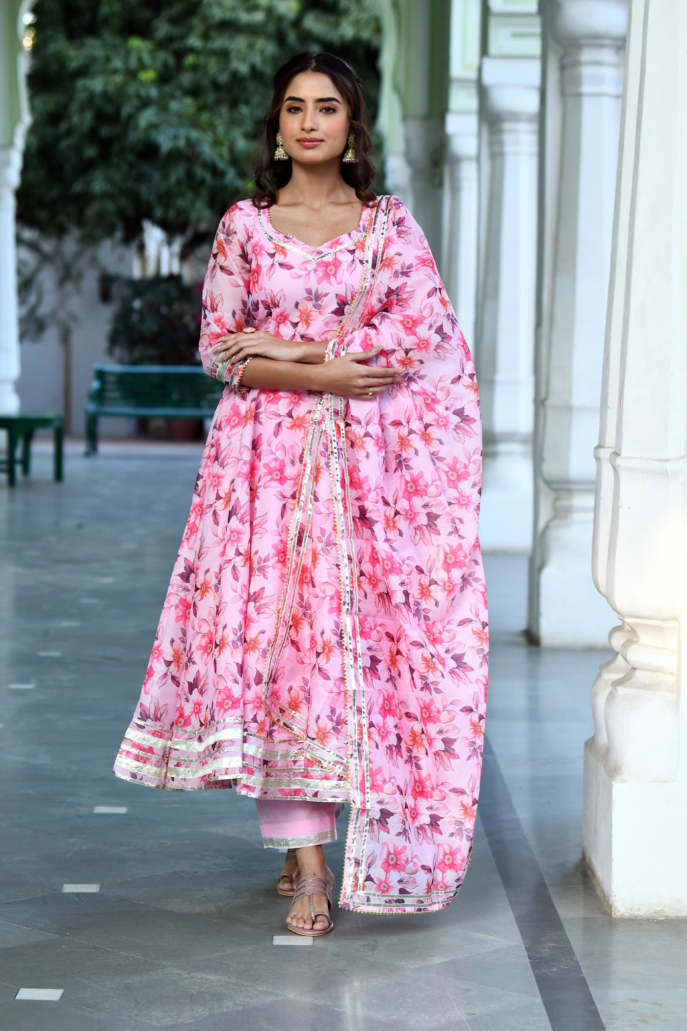 Pink Floral Anarkali suit set BY SARAS THE LABEL -3PC SET