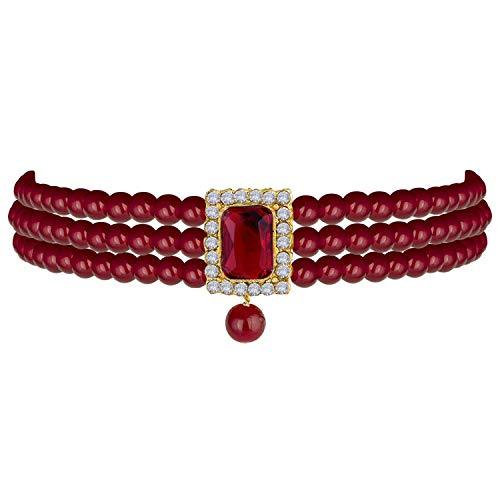 Women's  Gold Plated Maroon Handcrafted Stone Studded Pearl Choker Necklace Jewellery Set With Earrings - i jewels