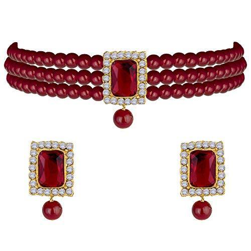 Women's  Gold Plated Maroon Handcrafted Stone Studded Pearl Choker Necklace Jewellery Set With Earrings - i jewels