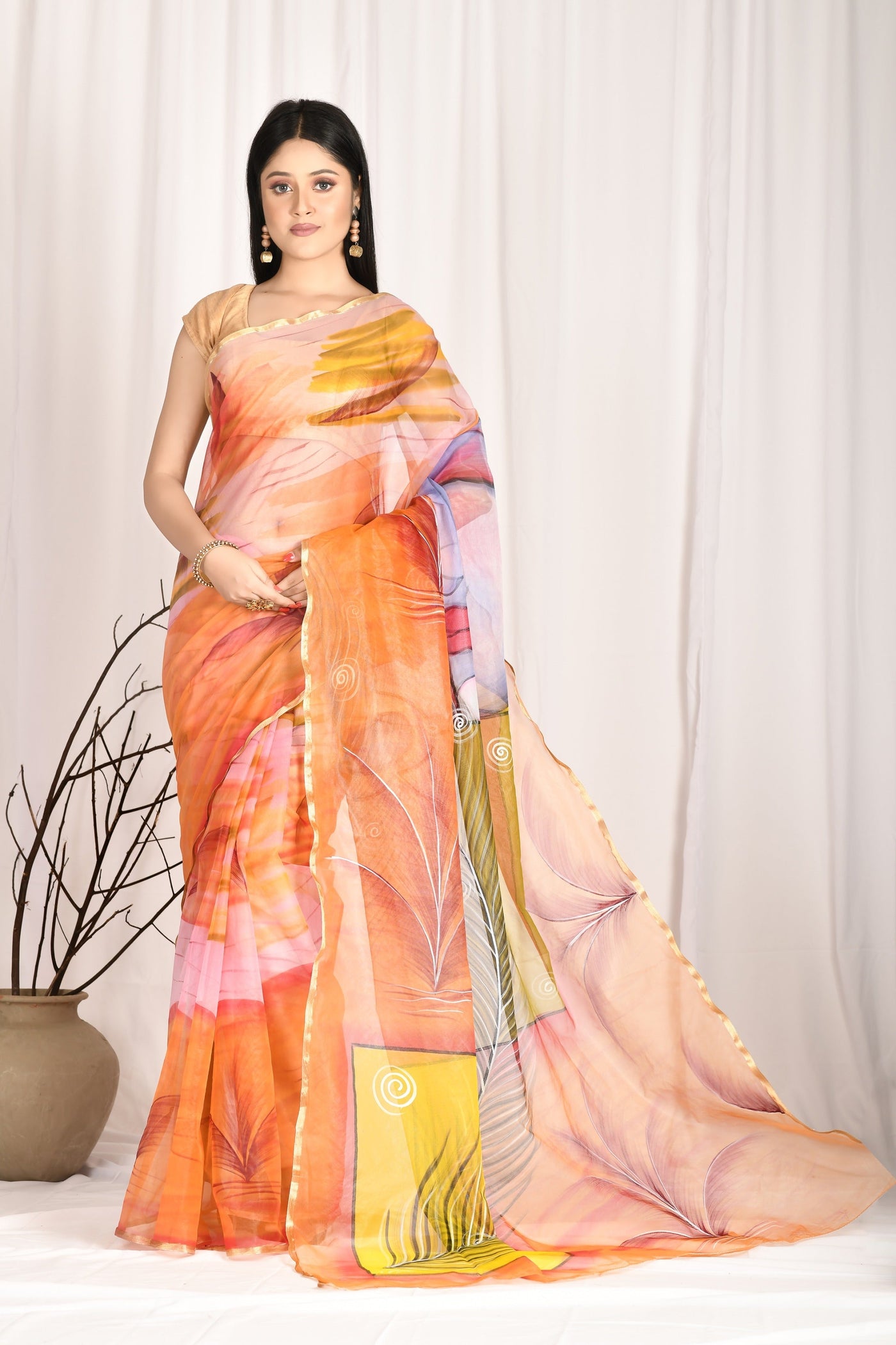Women's Hand Painted Orange Saree with all-over Vegetable Dyes With Blouse - SARAS THE LABEL