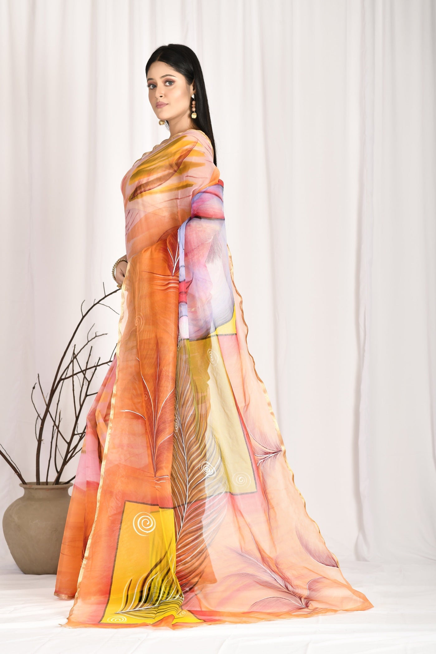 Women's Hand Painted Orange Saree with all-over Vegetable Dyes With Blouse - SARAS THE LABEL