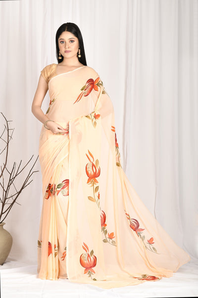 Women's Hand Painted Peach Saree with all-over Vegetable Dyes With Blouse - SARAS THE LABEL