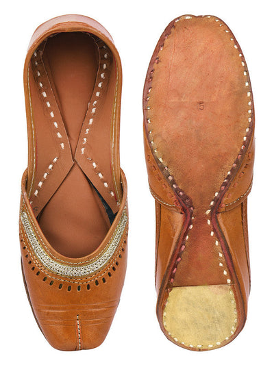 Women's Brown Leather Embroidered Indian Handcrafted Ethnic Footwear - Saras The Label
