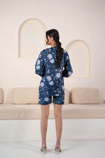 Blue Floral Print Night Suit Set for Women by Saras The Label- 2pc set