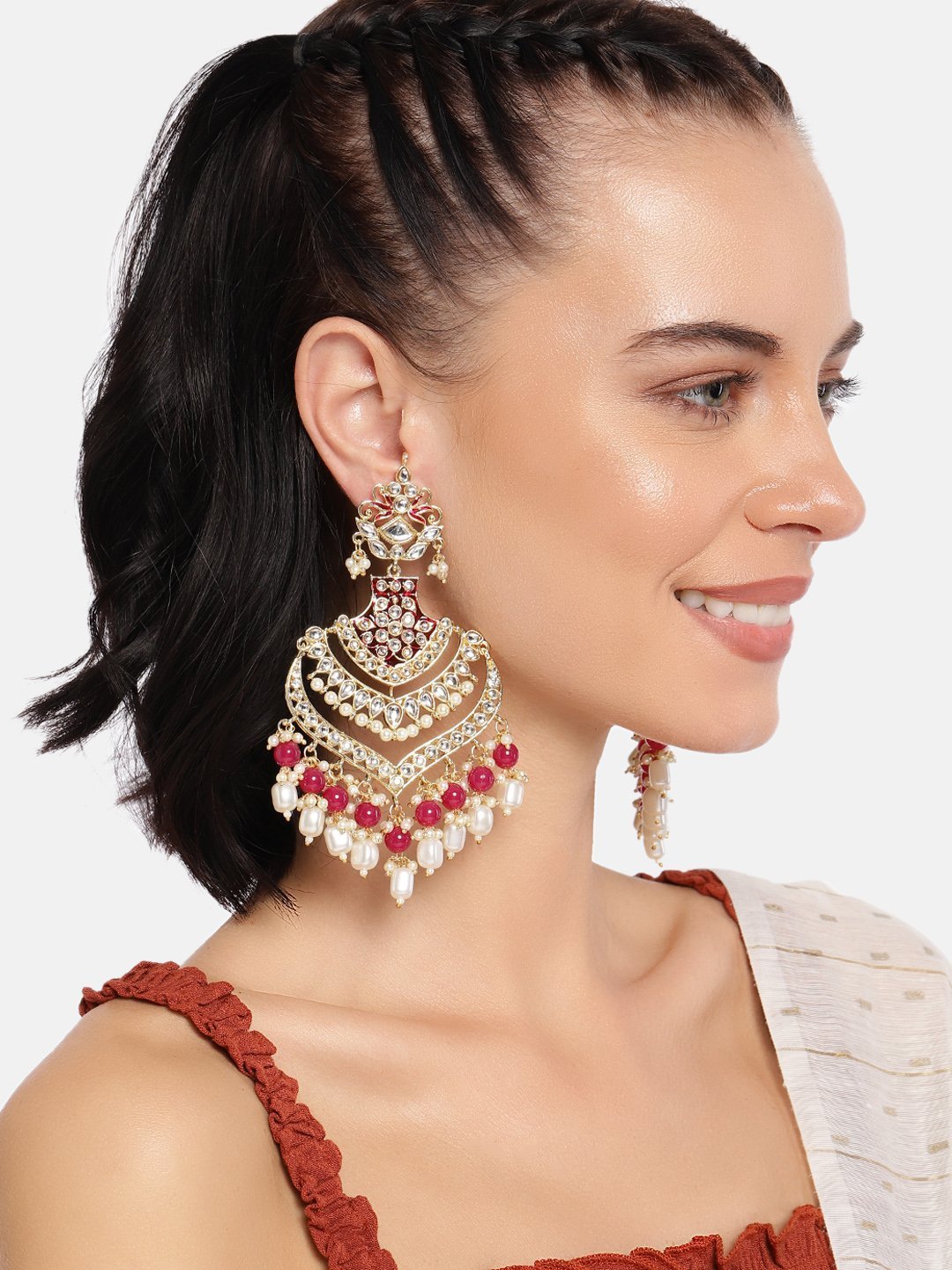Women's  Maroon Gold Plated Enamel Glided With Kundans & Pearls Long Earrings - i jewels