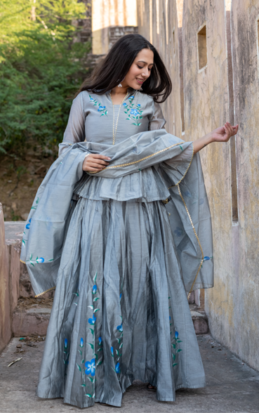 Women's Grey Hand Painted Peplm top with Skirt & Dupatta Set by SARAS THE LABEL ( 3 Pc Set )