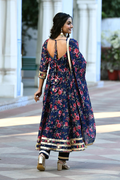 Indigo Floral Anarkali suit set  BY SARAS THE LABEL -3PC SET