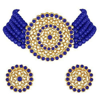 Women's Gold Plated Blue Light Weight Pearl Beaded Choker Necklace Jewellery Set - i jewels