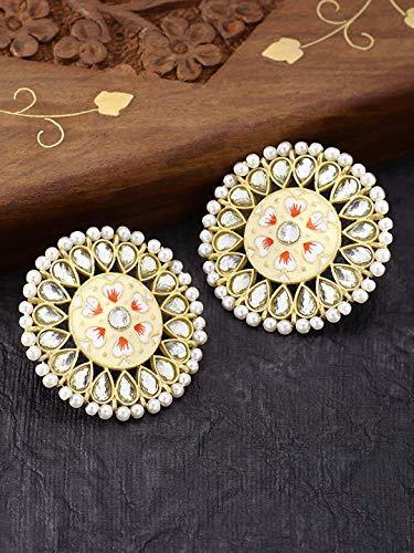 Women's  Gold Plated Round Kundan Pearl Meena Work Handcraft Cream Stud Earring  - i jewels