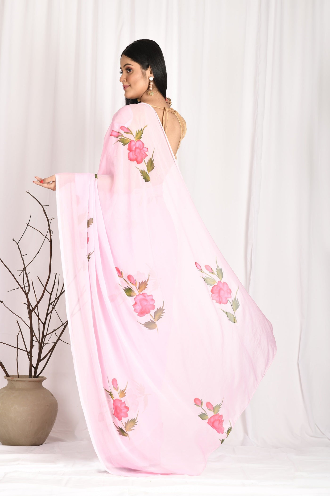 Women's Hand Painted Pink Saree with all-over Vegetable Dyes With Blouse - SARAS THE LABEL