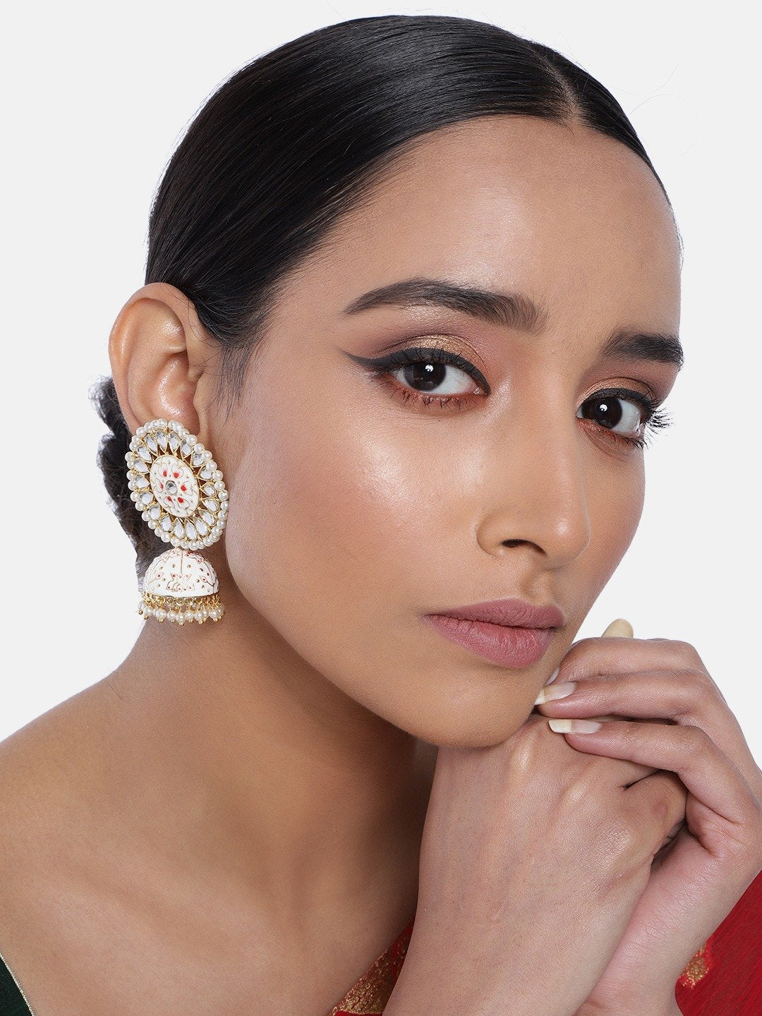 Women's  Gold Plated Cream Handcrafted Kundan Pearl Studded Meenakari Jhumki Earring - i jewels