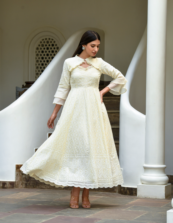 Lucknowi Chikenkari White Embroidered Gown (1Pc) By SARAS THE LABEL