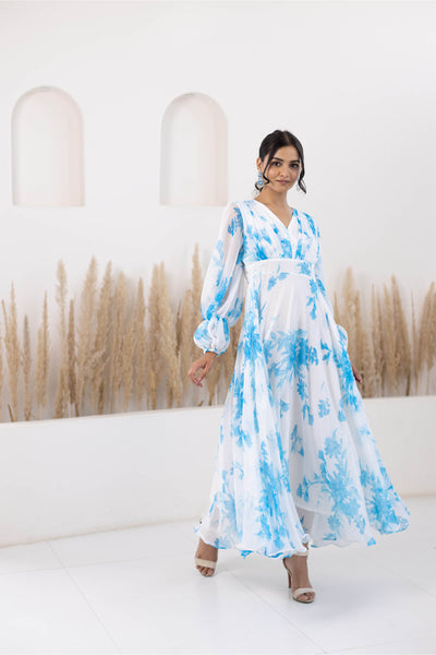 Blue & White Printed Gown Dress for Women by Saras The Label- (1pc dress)