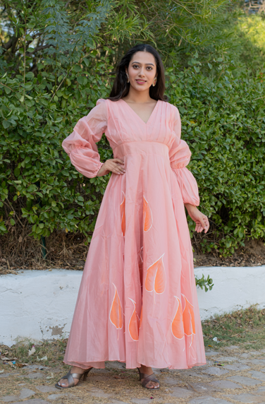 Women's Peach hand painted Maxi Dress by SARAS THE LABEL ( 1 Pc Set )