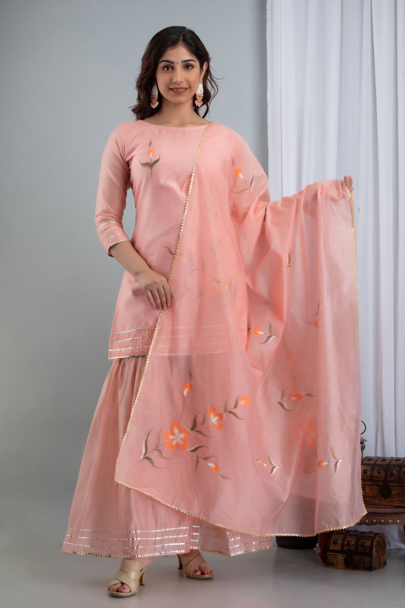 Women's Peach Hand Painted Kurta with Sharara and Dupatta by SARAS THE LABEL ( 3 Pc Set )