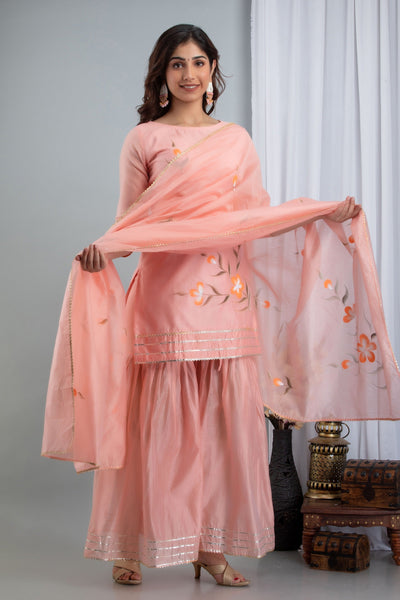 Women's Peach Hand Painted Kurta with Sharara and Dupatta by SARAS THE LABEL ( 3 Pc Set )