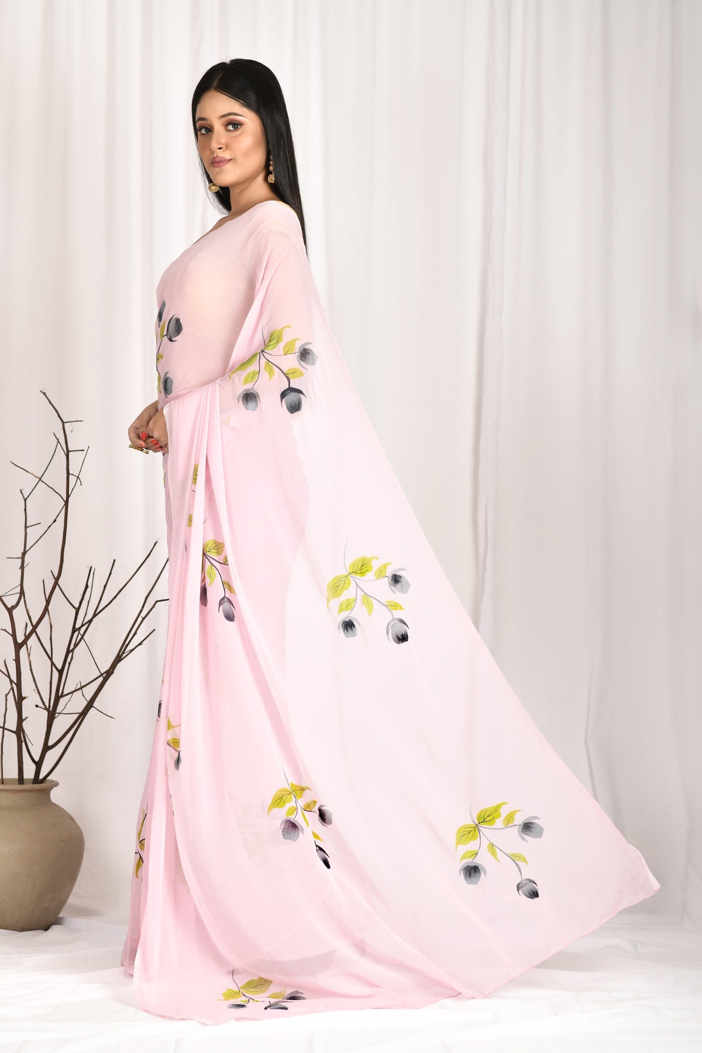 Women's Hand Painted Pink Saree with all-over Vegetable Dyes With Blouse - SARAS THE LABEL