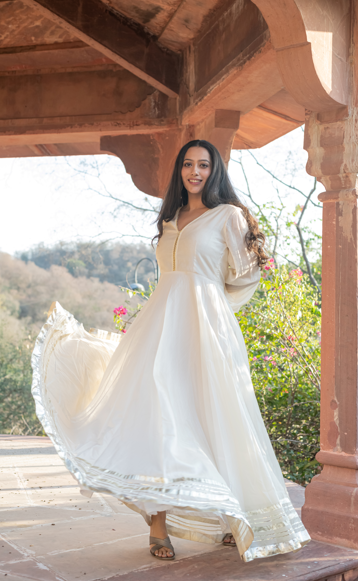 Women's Off-White Gota Work Anarkali Gown by SARAS THE LABEL (1 Pc Set)
