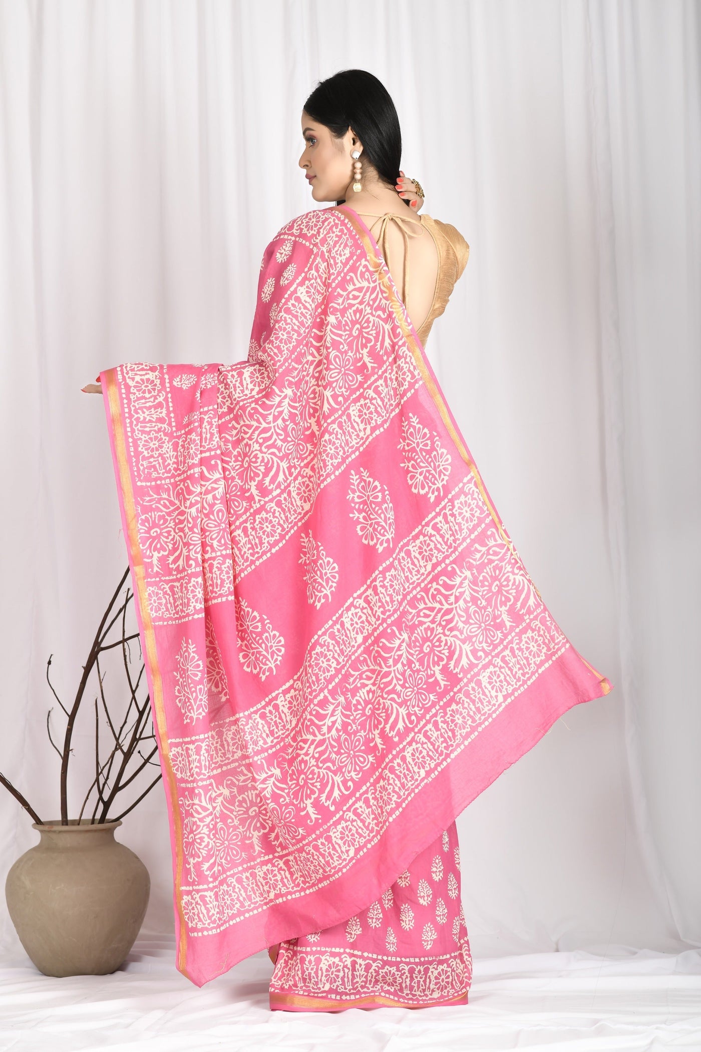 Women's Hand block printed Pink cotton mul mul Zari boarder Saree With Blouse - SARAS THE LABEL