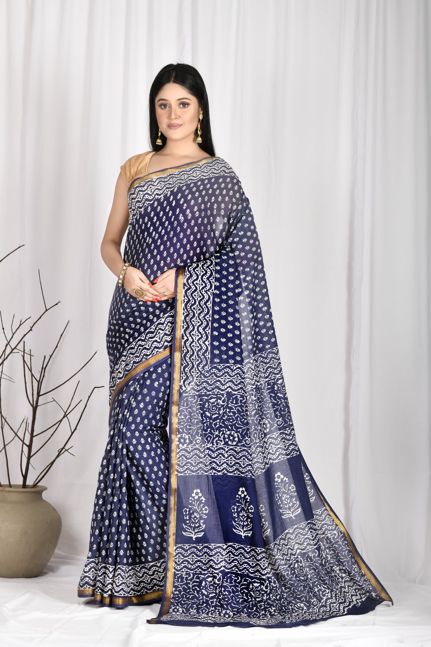 Women's Hand block printed Navy Blue cotton mul mul Zari boarder Saree With Blouse - SARAS THE LABEL