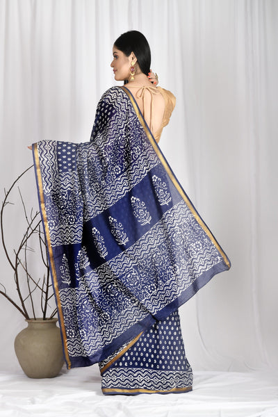 Women's Hand block printed Navy Blue cotton mul mul Zari boarder Saree With Blouse - SARAS THE LABEL