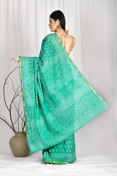 Women's Hand block printed Green cotton mul mul Zari boarder Saree With Blouse - SARAS THE LABEL