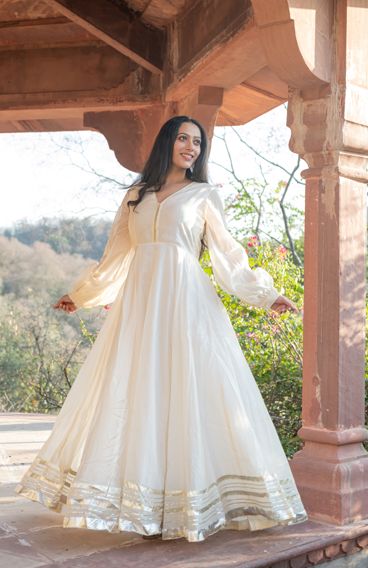 Women's Off-White Gota Work Anarkali Gown by SARAS THE LABEL (1 Pc Set)