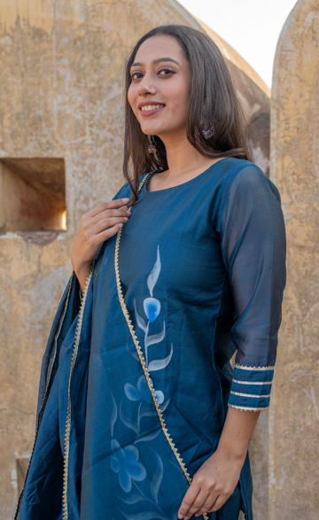 Women's hand painted Blue kurta with sharara and dupatta set by SARAS THE LABEL- (3pcs set)