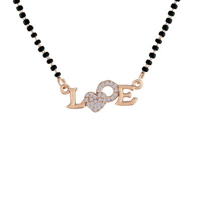 Women's 18k Rose Gold Plated Traditional American Diamond Pendant with Black Bead Chain Mangalsutra for Women - I Jewels