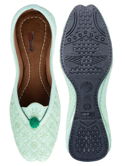 Women's Sea Green Embroidered Indian Handcrafted Ethnic Comfort Footwear - Saras The Label