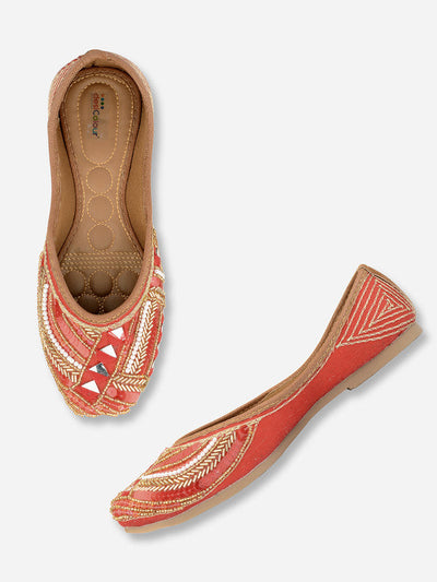 Women's Red Hand Embroidered Indian Handcrafted Ethnic Comfort Footwear - Saras The Label