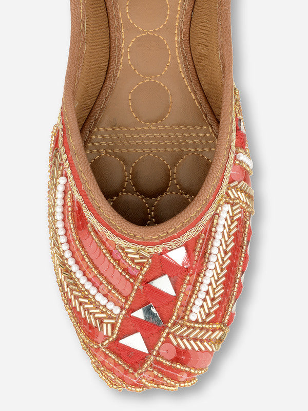 Women's Red Hand Embroidered Indian Handcrafted Ethnic Comfort Footwear - Saras The Label