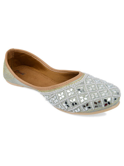 Women's Grey Hand Embroidered Indian Handcrafted Ethnic Comfort Footwear - Saras The Label