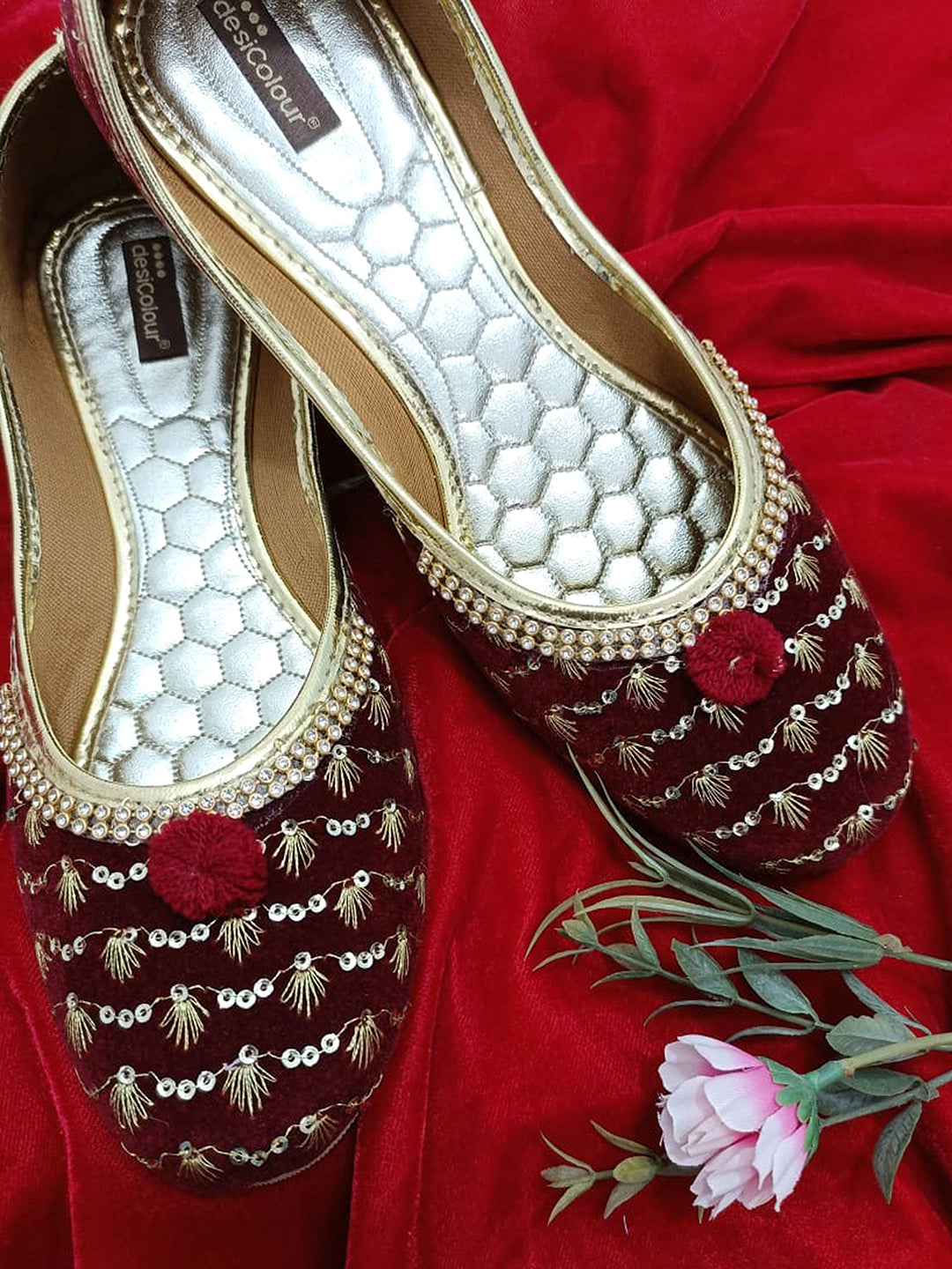 Women's Maroon Velvet Star Womens Indian Ethnic Comfort Footwear - Saras The Label