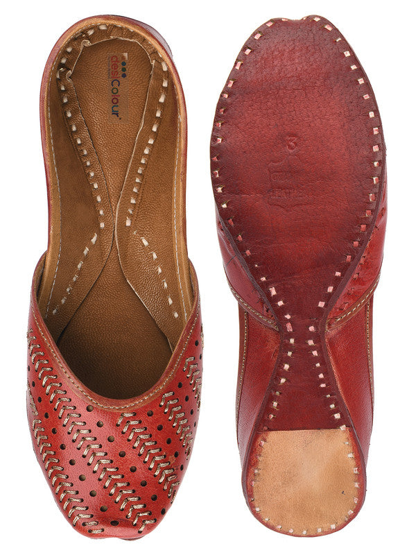 Women's Red Zari Womens Indian Ethnic Leather Footwear - Saras The Label