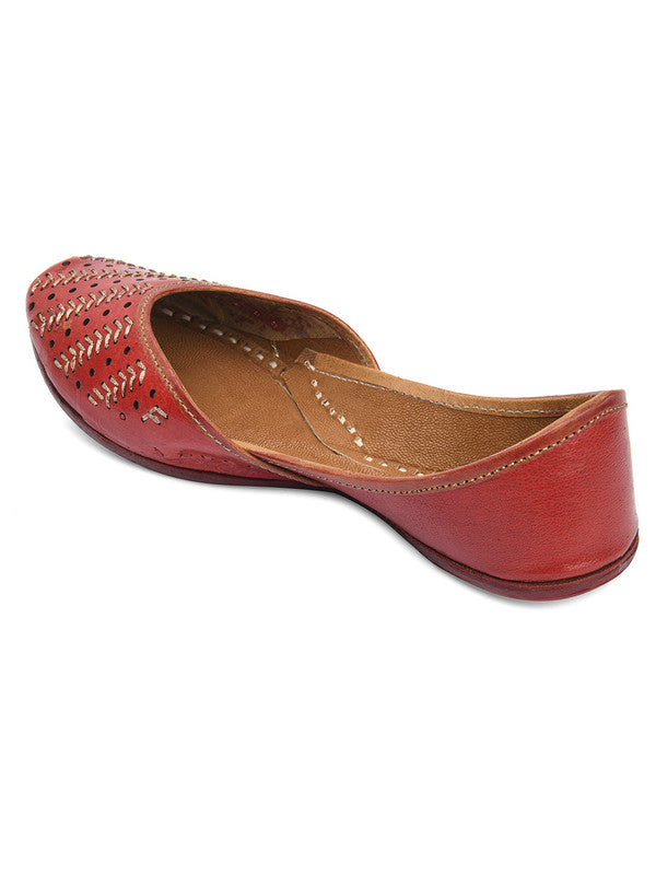 Women's Red Zari Womens Indian Ethnic Leather Footwear - Saras The Label