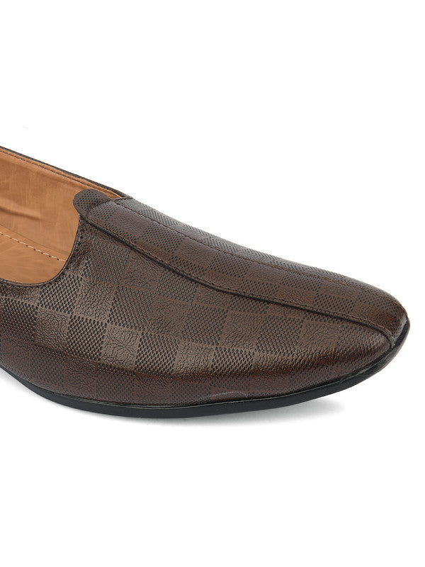 Men's Indian Ethnic Party Wear Textured Brown Heels Footwear - Saras The Label