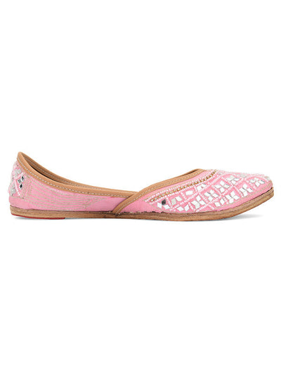 Women's Baby Pink Mirror Work Leather Embroidered Indian Handcrafted Ethnic Comfort Footwear - Saras The Label