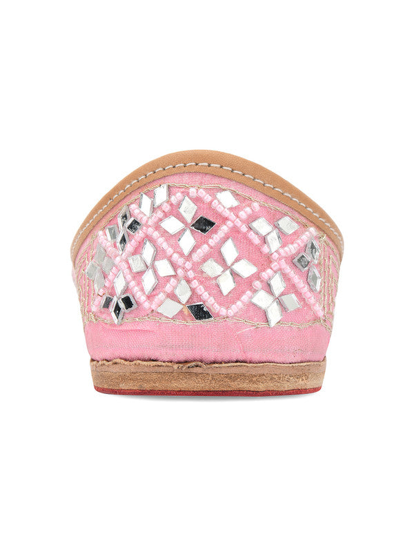 Women's Baby Pink Mirror Work Leather Embroidered Indian Handcrafted Ethnic Comfort Footwear - Saras The Label