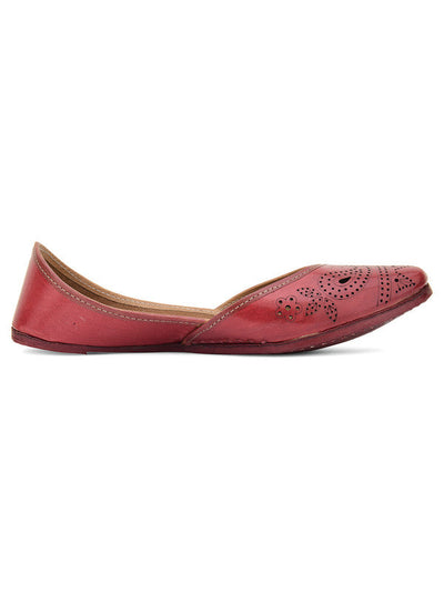 Women's Red Leather Embroidered Indian Handcrafted Ethnic Footwear - Saras The Label