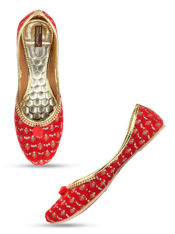 Women's Red Embroidered Indian Handcrafted Ethnic Comfort Footwear - Saras The Label