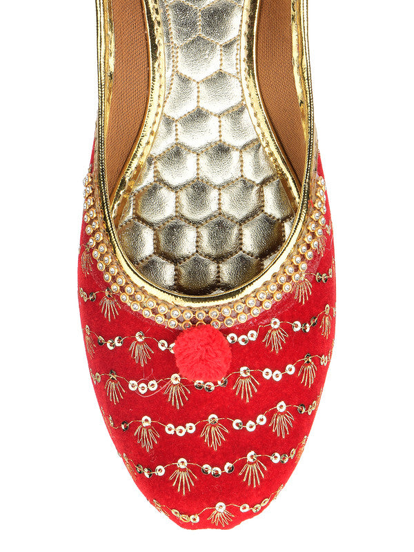 Women's Red Embroidered Indian Handcrafted Ethnic Comfort Footwear - Saras The Label