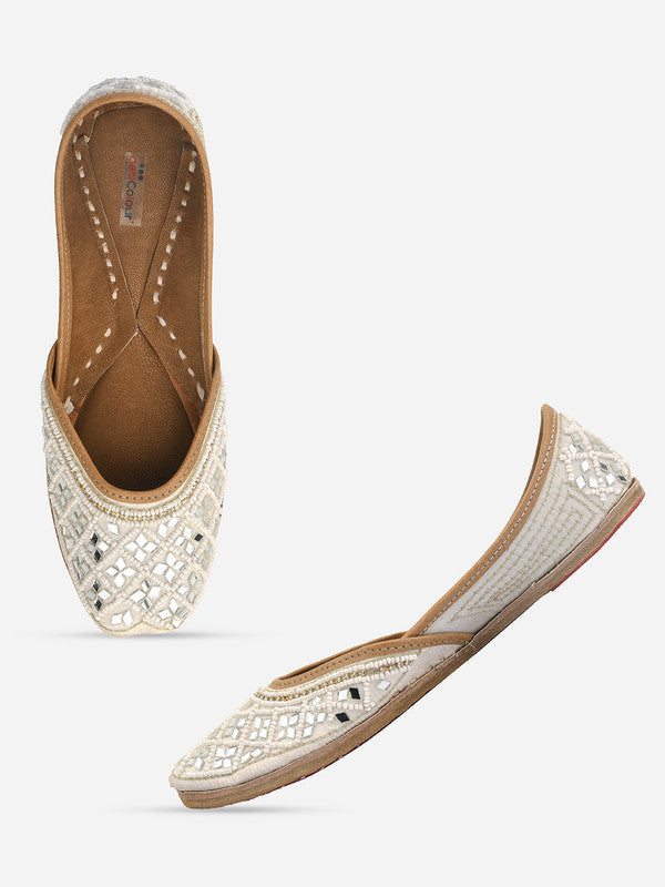Women's White Mirror Work Leather Embroidered Indian Handcrafted Ethnic Comfort Footwear - Saras The Label