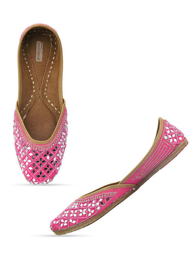 Women's Magenta Pink Mirror Work Leather Embroidered Indian Handcrafted Ethnic Comfort Footwear - Saras The Label