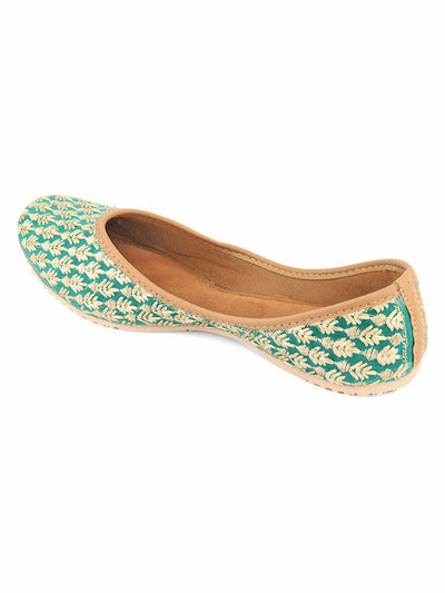 Women's Green Embroidered Indian Handcrafted Ethnic Comfort Footwear - Saras The Label