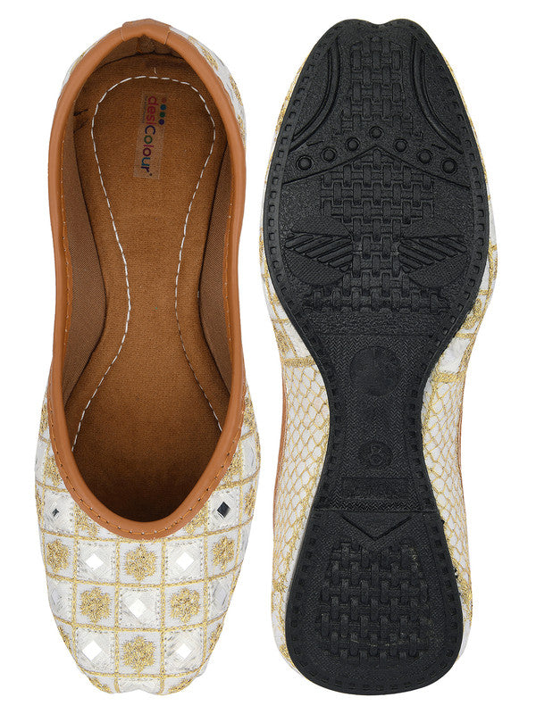 Women's White Embroidered Indian Handcrafted Ethnic Comfort Footwear - Saras The Label
