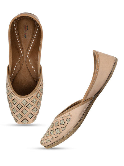 Women's Nude Leather Embroidered Indian Handcrafted Ethnic Footwear - Saras The Label