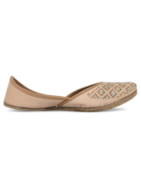 Women's Nude Leather Embroidered Indian Handcrafted Ethnic Footwear - Saras The Label