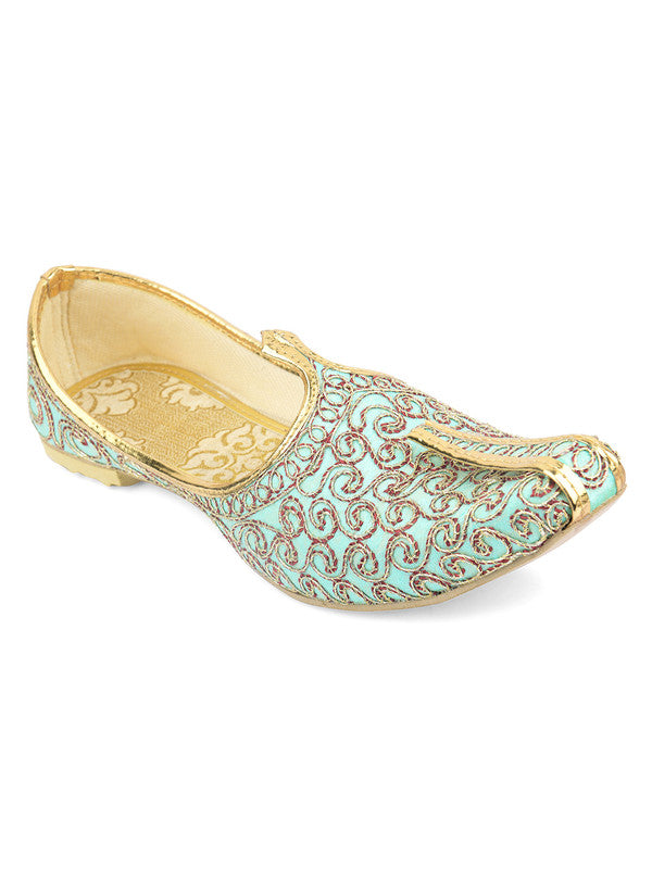 Men's Indian Ethnic Party Wear Sea Green Embroidered Footwear - Saras The Label